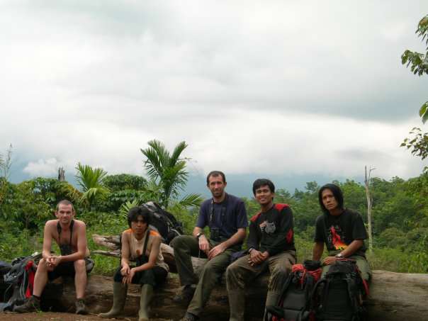 Authors James Eaton (centre) and Nick Brickle (far left) with field staff from FFI on the trail of Sumatran Ground Cuckoo near Kerinci Seblat National Park in Sumatra