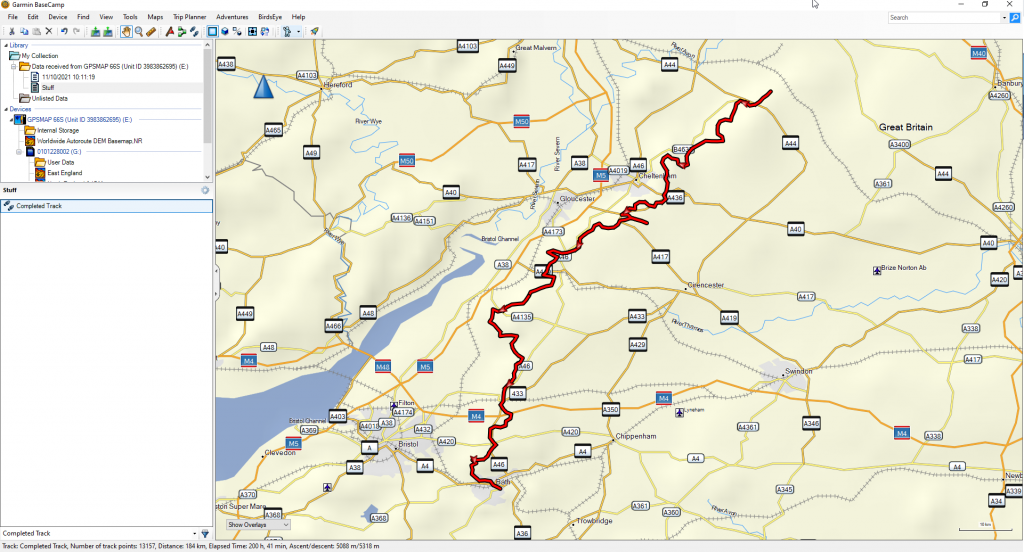 Overall route from the GPSMAP 66s using BaseCamp software