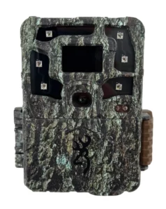 Trail camera viewed from front showing camera lens and IR bulbs