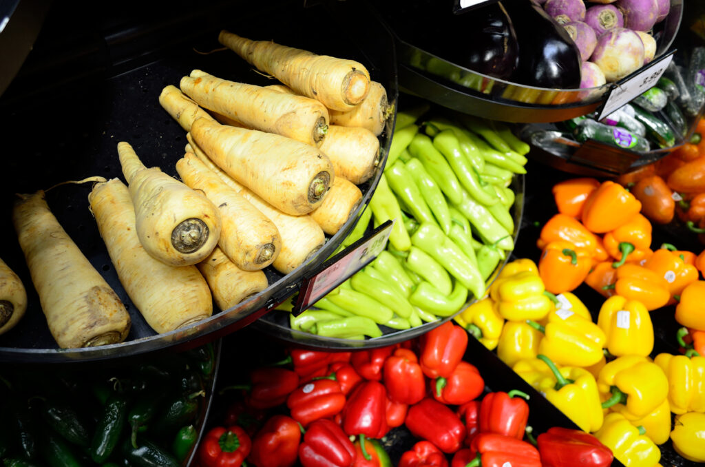 Various vegetables at a market.