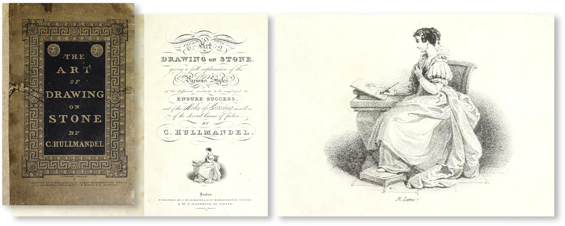 Original cover of C Hullmandel's The Art of Drawing on a Stone with a lithographic print of a dark haired lady in a dress sat down painting onto a stone.