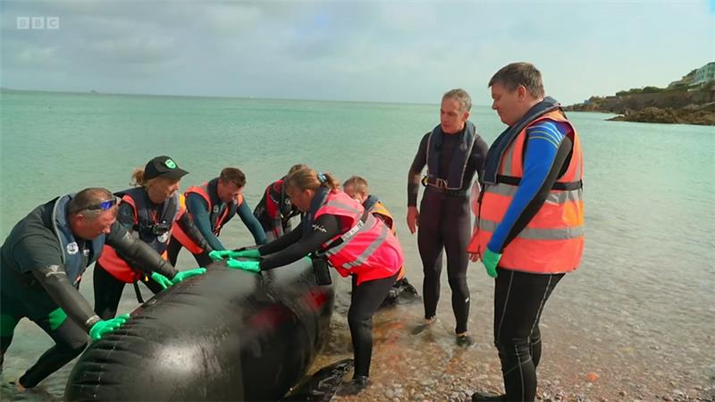 Photograph of 8 people in high viz jackets and wetsuits practicing seal rescues with an inflatable seal at the waters edge on a pebbly beach in Devon.