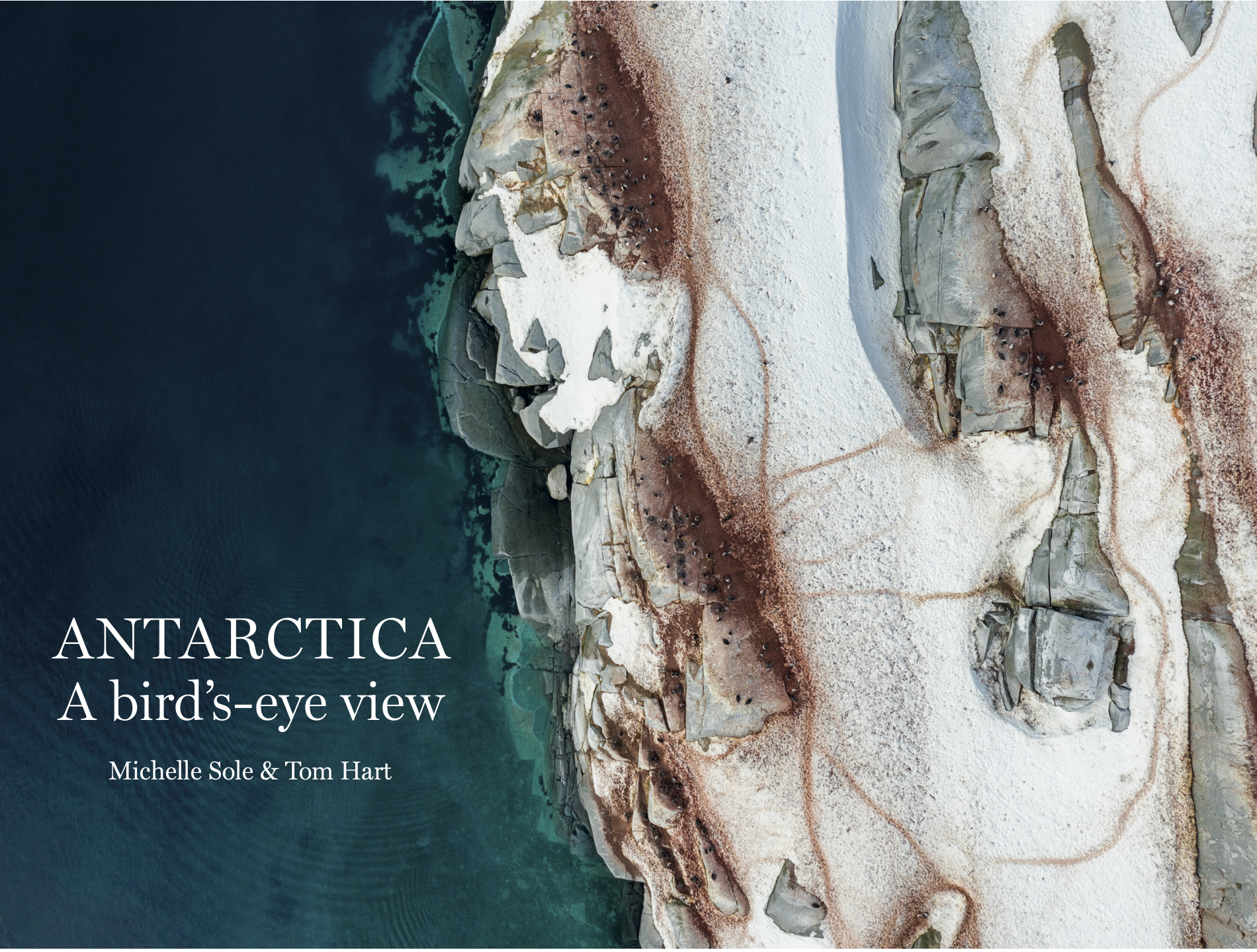 Antarctica: A Bird's-Eye View hardback book cover showing an aerial view of the edge of a cliff covered in snow and penguins.