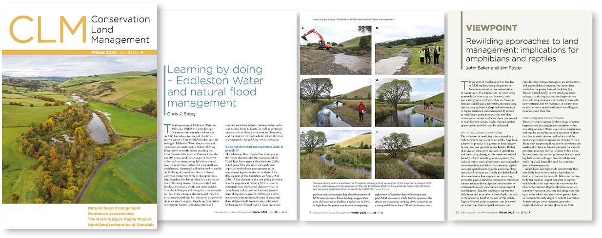 Conservation Land Management: Winter 2023 issue, showing the front page of the magazine and three internal images highlighting the Eddleston Water Project article.