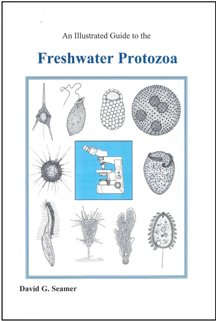 David Seamer's book covers for A Beginners Guide to Freshwater Microscopic Life and An Illustrated Guide tot he Freshwater Protozoa, both showing the authors black and white drawings of microorganism's in a grid.