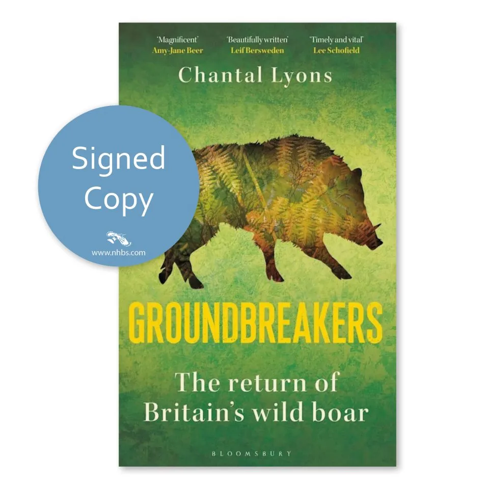 Groundbreakers book jacket showing a wild boar drawing on a faded green background with yellow test and a signed copy bubble in blue.