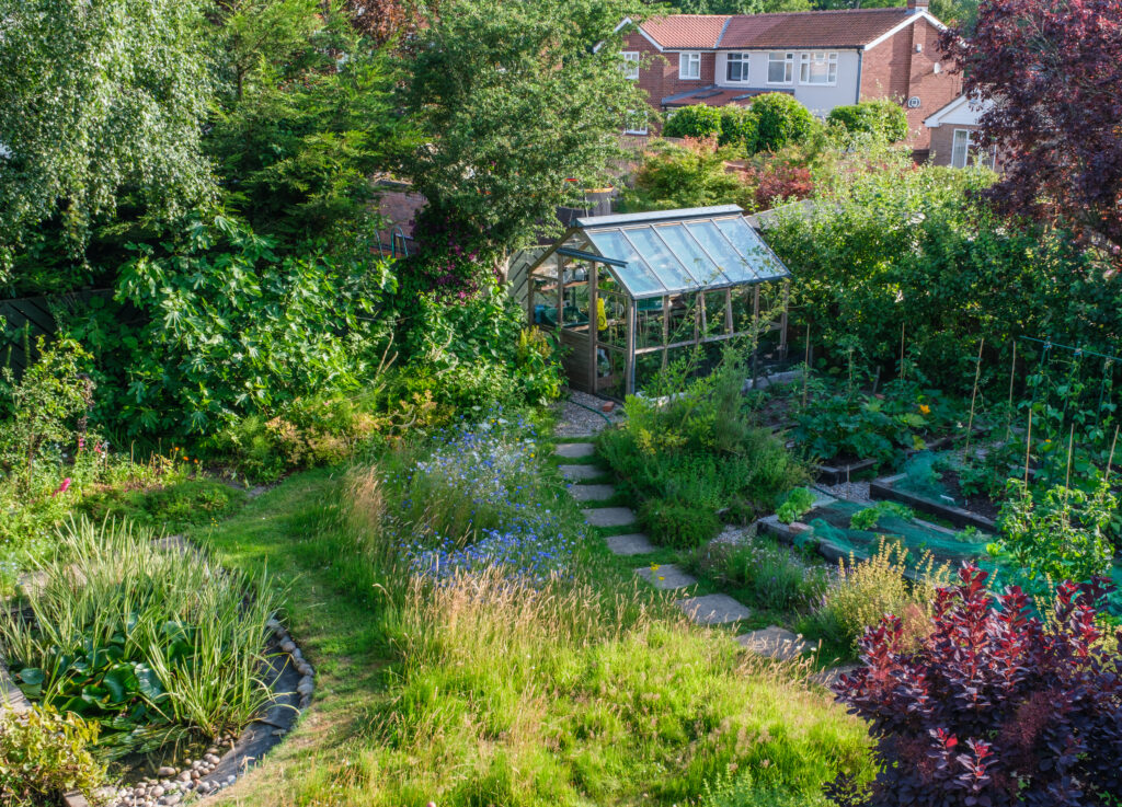 A garden during No Mow May with varied grass length, wildlife corridors and vegetable patches.