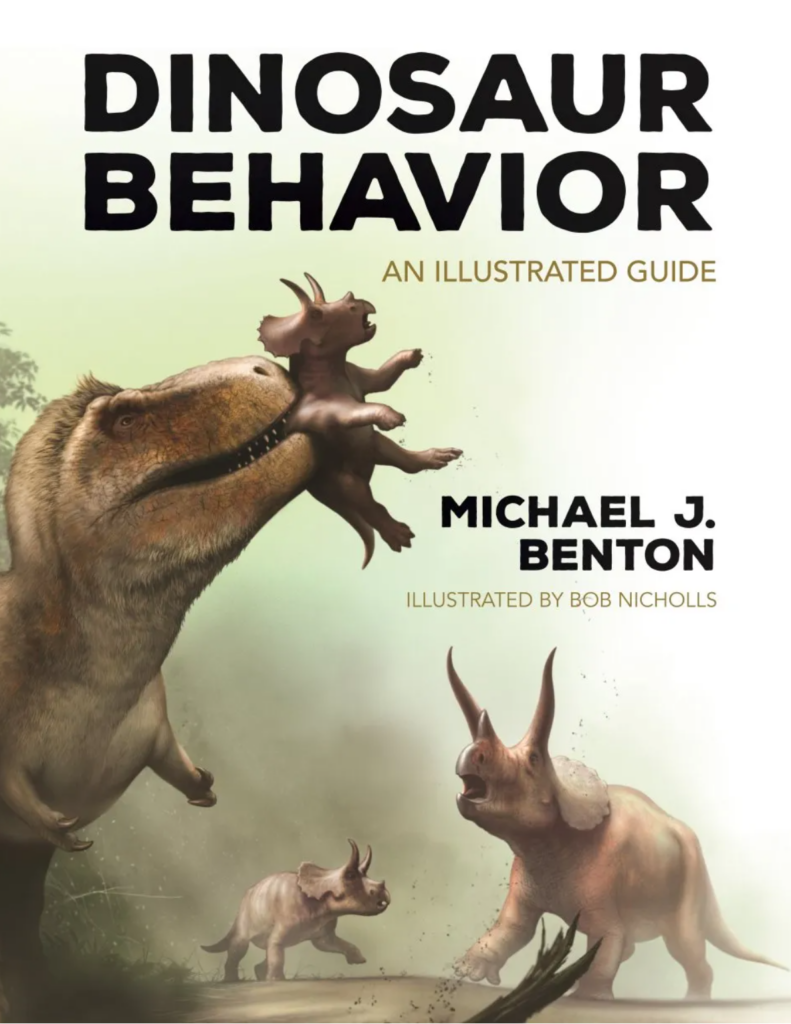 Front cover of dinosaur behaviour showing a group of large dinosaurs.