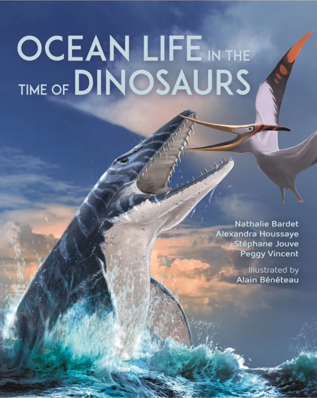 The front cover shows a large marine dinosaur jumping out of the ocean to eat a large flying dinosaur.