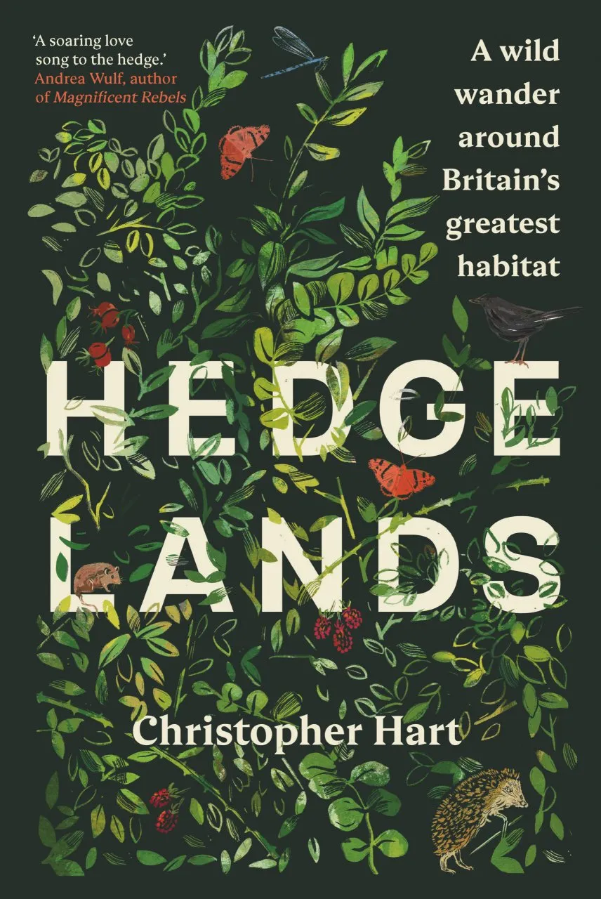 Hedgelands book cover showing an artistic drawing of green hedge leaves on a dark green background, with leaves woven over the white text in capital letters saying 'Hedgelands.'