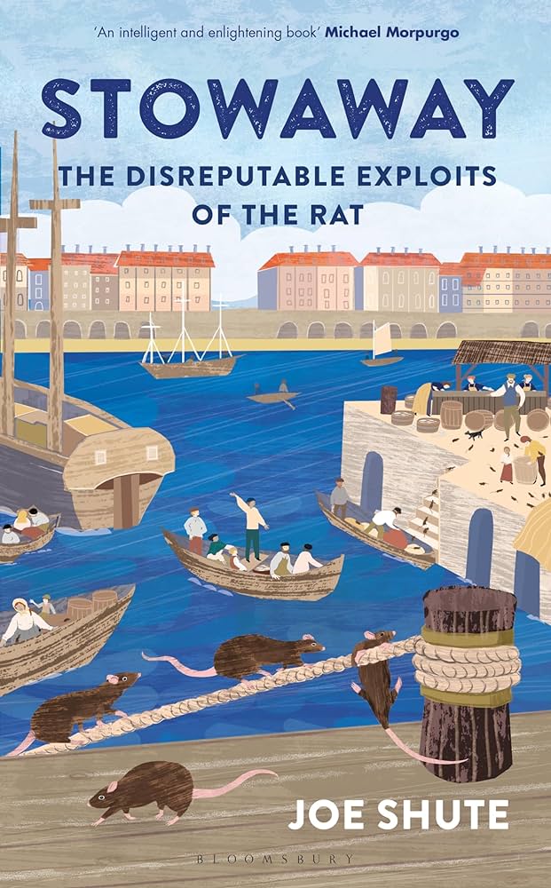 Stowaway book cover showing an old harbour town with boats on the water and four rats climbing up a rope tying a boat to the dock.