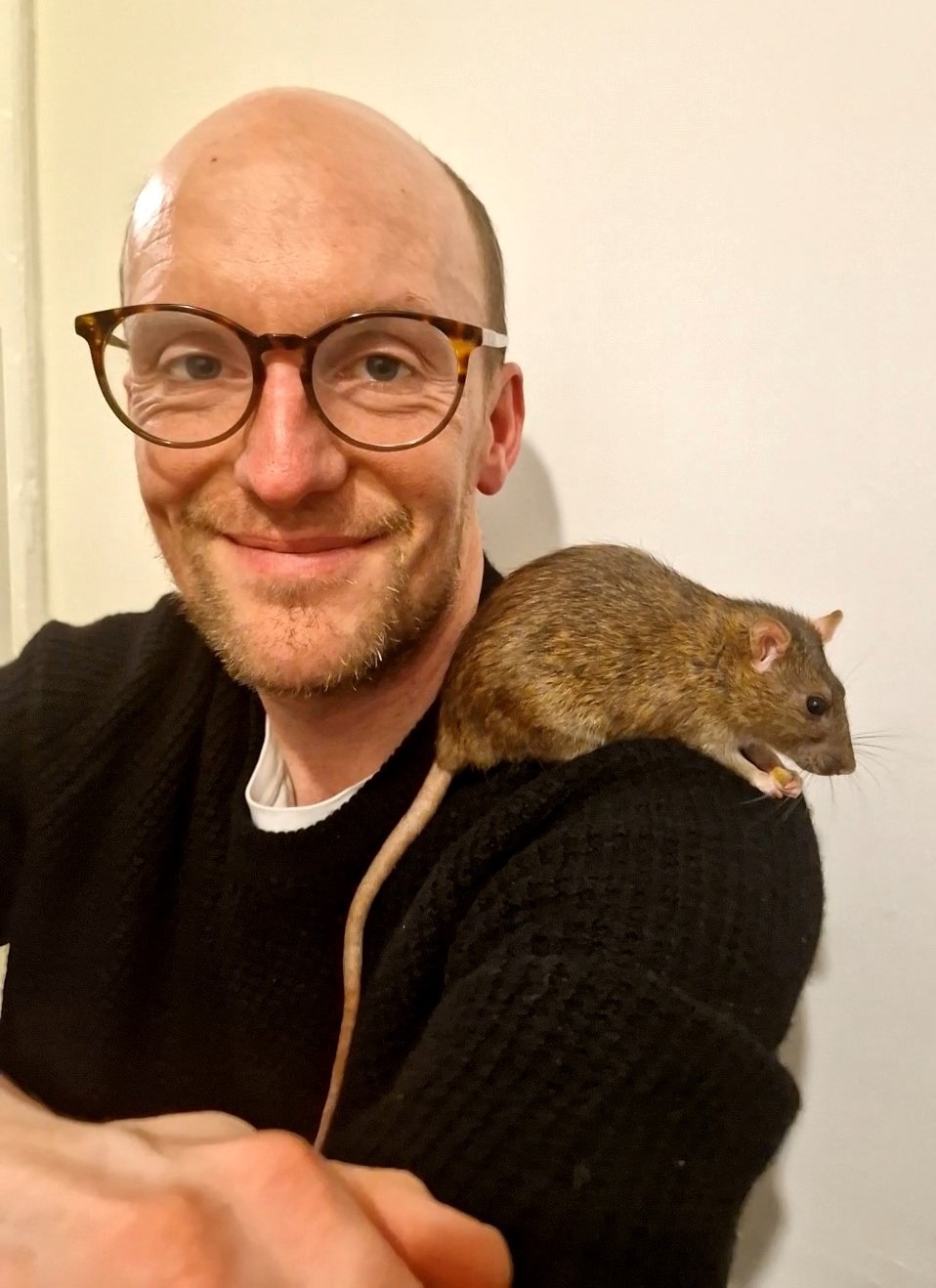 Joe Shute with his brown rat on his shoulder.