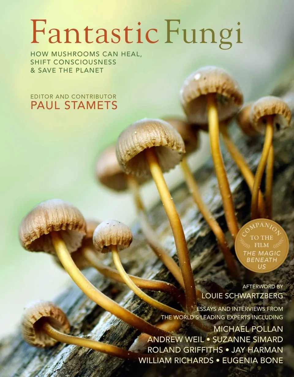 Fantastic Fungi book cover showing little brown mushrooms growing out of a log.