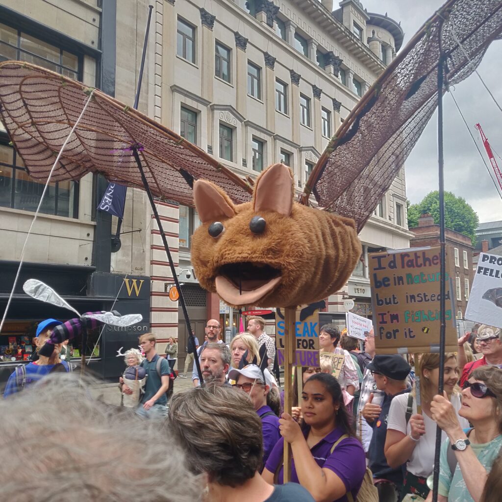 A large puppet bat held by a crowd. 