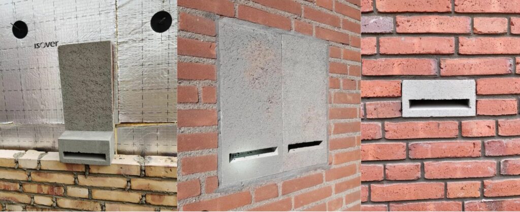 Shows a series of bat boxes in different stages of installation. the left shows a bat box placed on top of new brickwork, the middle image shows an installed bat box that is flush with the brick and the third shows a bat box that has been rendered over with just the entrance hole visible