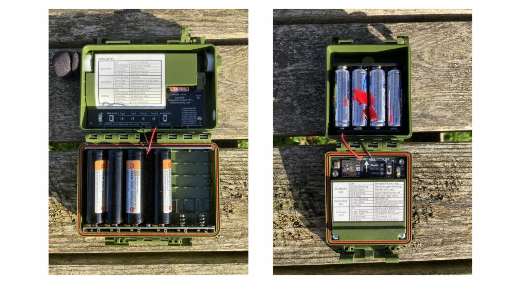 Song Meter Mini 2 Li-Ion (right) and Song Meter Micro 2 (left) set up with batteries and SD cards.