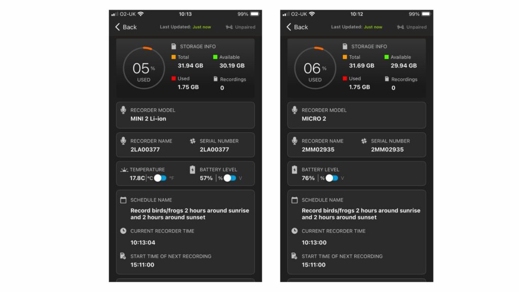 Song Meter Mini 2 Li-Ion (right) and Micro 2 (left) status after deployment.